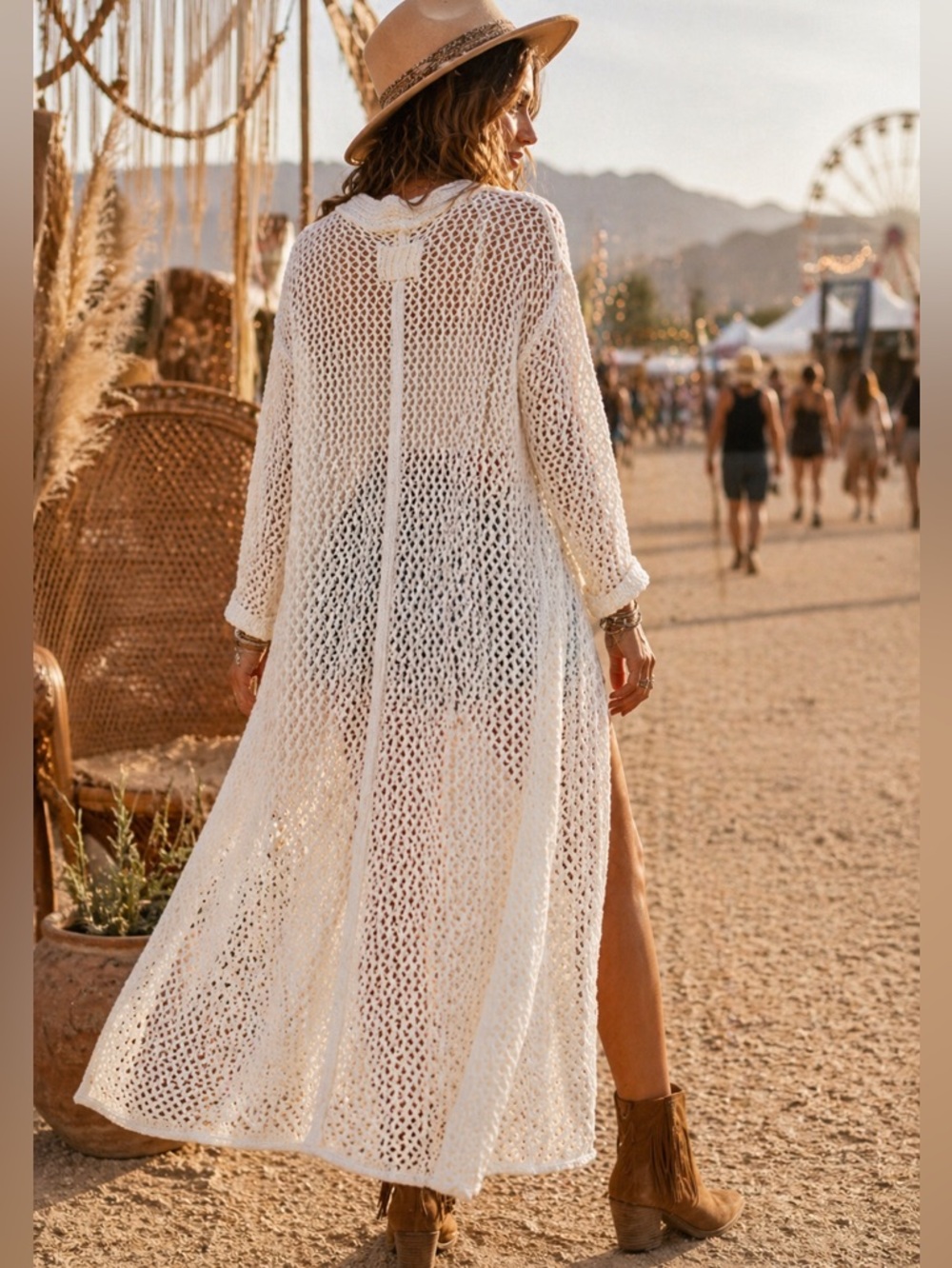POL BOHO OPEN KNIT OFF WHITE LONG CROCHET CARDIGAN SIZE SMALL NWOT - Picture 3 of 12